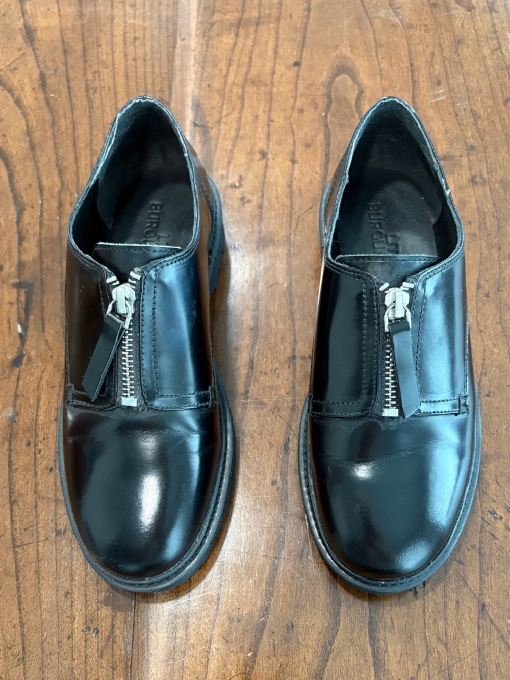 Little Burgundy Black Smooth Leather Front Zip Flat Oxford Loafers Sz 38 (7.5US)